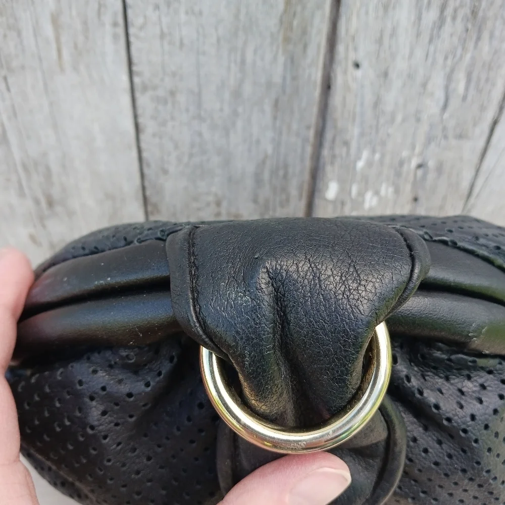 Vintage Perforated‎ Leather Black Clutch Purse Magnet Closure